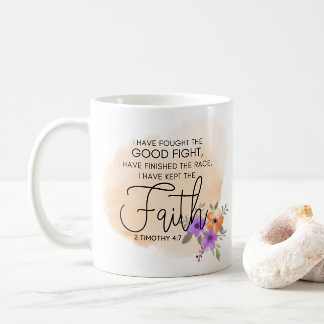 2 Timothy 4:7 - Ich habe den Glauben Peach behalte Kaffeetasse (Mit Donut)
