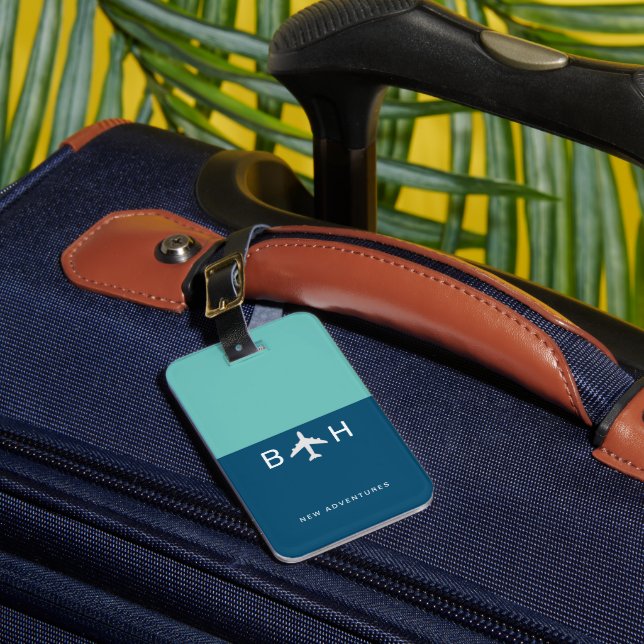 2-Tone-blaue, moderne Flugzeug-Monogramm Gepäckanhänger (Vorderseite Insitu 1)