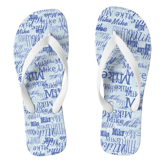 2 Töne von blauen Stempelnamen Allover Weiß Flip Flops (Fußbett)