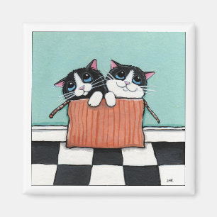 2 Tuxedo Katzen in einer Box Cat Art Magnet