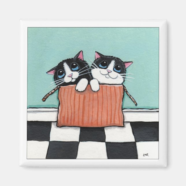 2 Tuxedo Katzen in einer Box | Cat Art Magnet (Vorne)