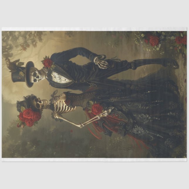 2 Vintages Skelett mit schwarzer Hochzeit Seidenpapier (Vorderseite)