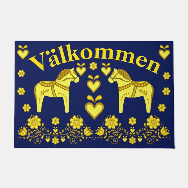 2 Völker Dala Pferd, Gold/Marine Valkommen, Fußmatte (Vorderseite)