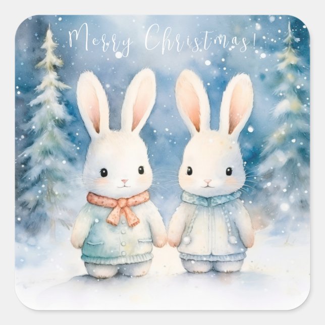 2 Weihnachtsbunnies Quadratischer Aufkleber (Vorderseite)