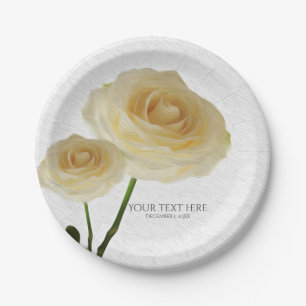 2 weiße bemalte Rosen elegante Bridal Shower Pappteller