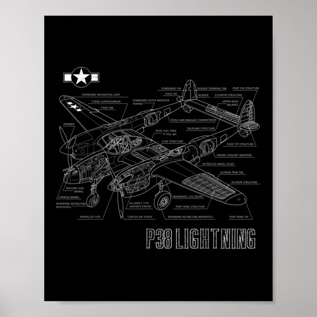 2. Weltkrieg P-38-Lightning Fighter Airplane Bluep Poster (Vorne)