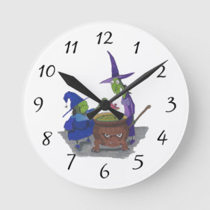 2 Witches brewing up potion in Cauldron Halloween Runde Wanduhr