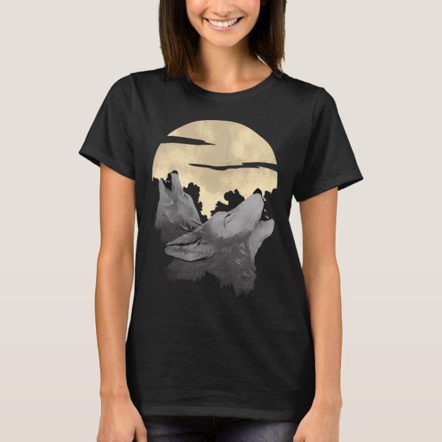 2 Wölfe heulen nachts den Mond T-Shirt (Vorderseite)