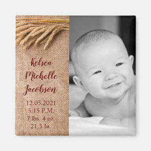 2"x2" Birth Announcement Magnet Wheat on Burlap Sa