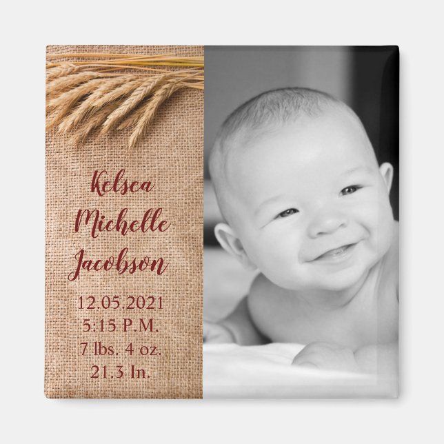 2"x2" Birth Announcement Magnet Wheat on Burlap Sa (Vorne)