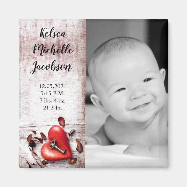 2"x2" Geburtsankündigung Magnet Land Holzschlüssel (Vorne)