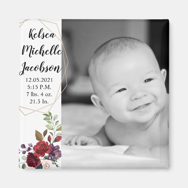 2"x2" Geburtsankündigung Magnet White Roses Gold G (Vorne)