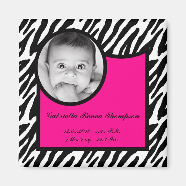 2"x2" Geburtshinweis Magnet Hot Pink Zebra (Vorne)