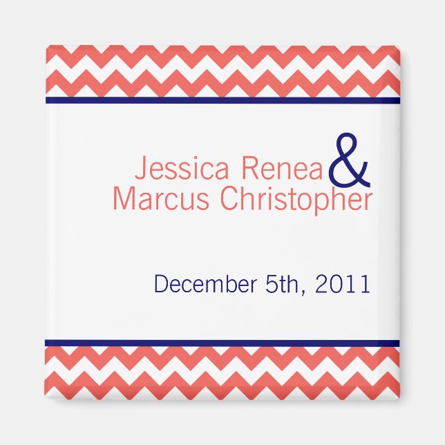 2"x2" Gefallen Magnet Coral Navy Zickzack Name (Vorne)
