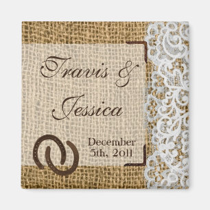 2"x2" Gefallen Magnet Pferdeschuhe auf Burlap Lace