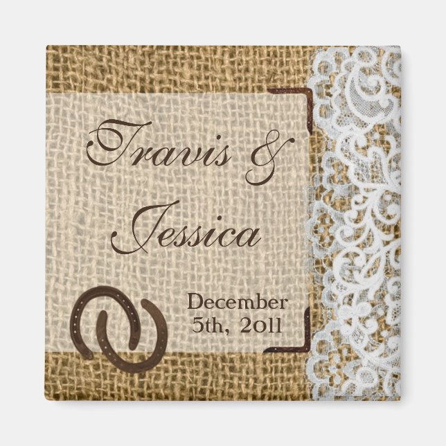 2"x2" Gefallen Magnet Pferdeschuhe auf Burlap Lace (Vorne)