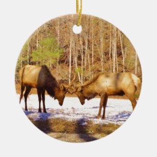 2~ zwei Bull Elk im Schnee Keramik Ornament
