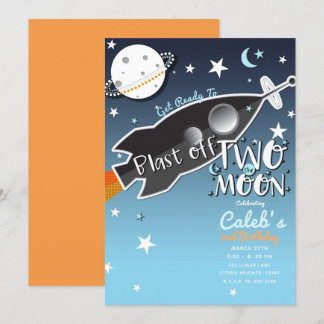2 Zwei der Moon Rocket Ship Space Geburtstagsparty Einladung