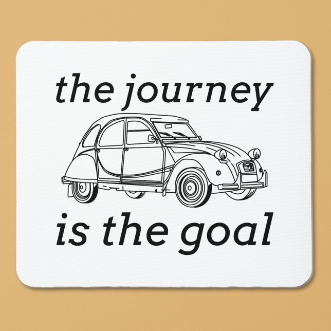 2CV Deux Chevaux Die Reise ist das Ziel Mousepad (2CV Minimalistic Mousepad in White with Black Text and Deux Chevaux Illustration)