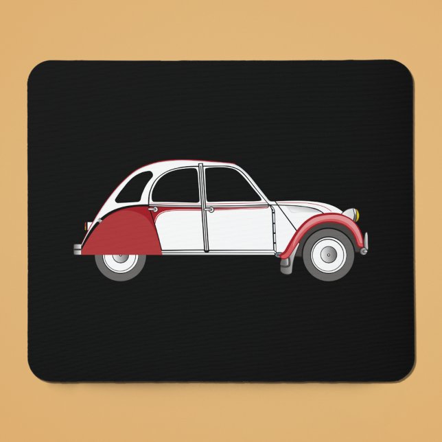 2CV Deux Chevaux Dolly Oldtimer Red Mousepad (2CV Mouse Pad in Black with a White Red Deux Chevaux Dolly Illustration)