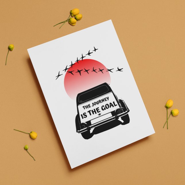 2CV Oldtimer Sonnenuntergang - Die Reise ist das Z Postkarte (2CV Postcard in White with a Red Sunset and Birds Illustration)