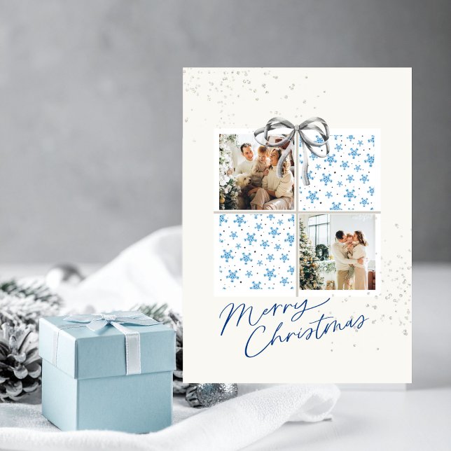 2er-Fotokarte Blaues Sternenmuster Weihnachtsgesch Einladung (Personalized Christmas card with two photo frames and festive holiday details)