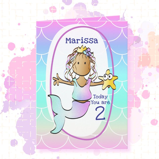 2nd Birthday Ethnic Mermaid Cartoon Adorable Cute  Karte (Von Creator hochgeladen)