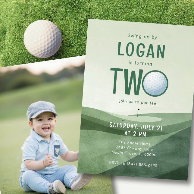 2nd Birthday Golf Par-tee Photo Watercolor  Einladung (Add your favorite photo on the back for a personal, memorable birthday touch.)