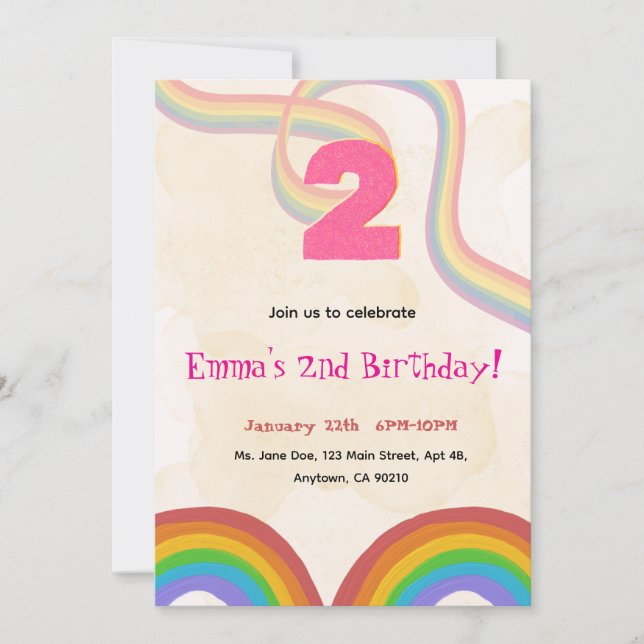 2nd Birthday Invitation Girl Editable Rainbow Einladung (Vorderseite)