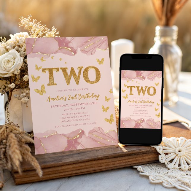 2nd Birthday Invitation Pink Gold Glitter Girl Einladung (Von Creator hochgeladen)