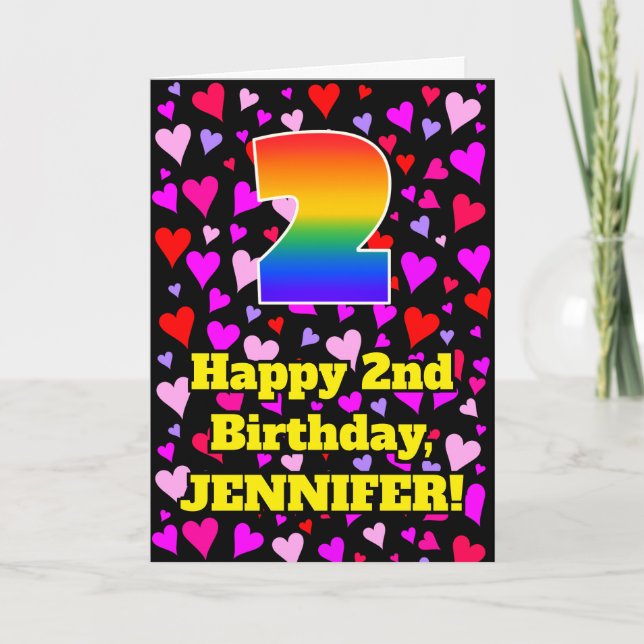 2nd Birthday: Loving Hearts Pattern, Rainbow # 2 Karte (Vorderseite)