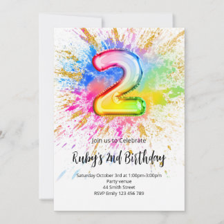 2nd Birthday Rainbow Paint Splash Invitation Einladung