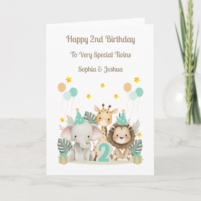 2nd Birthday Safari Animals Twin Birthday Card Karte (Vorderseite)