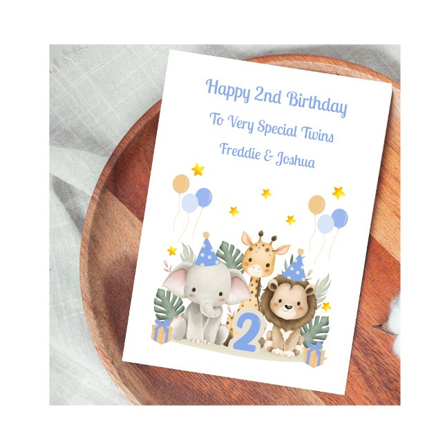 2nd Birthday Safari Animals Twin Boys Card Karte (Von Creator hochgeladen)
