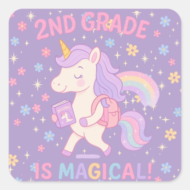 2nd Grade is Magical Back to School Unicorn Quadratischer Aufkleber (Vorderseite)