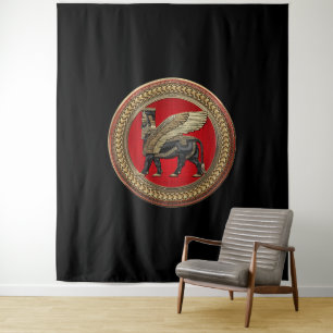 [300] Assyrian Winged Bull: Gold und Black Lamassu Wandteppich