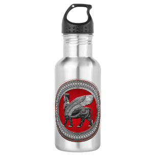 [300] Assyrian Winged Bull: Silver & Black Lamassu Edelstahlflasche
