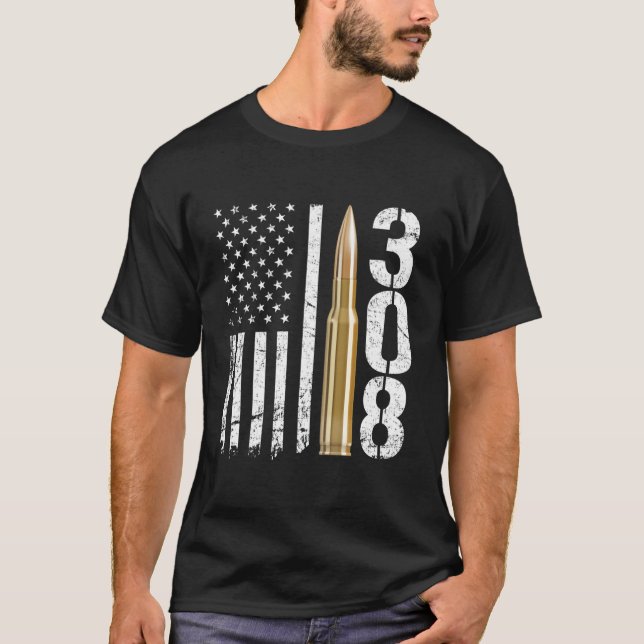 308 Gun Ammo Bullet 308 Caliber Rifle USA Flag T-Shirt (Vorderseite)
