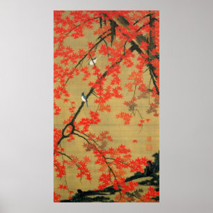 30. 紅 葉 小 図, 若 冲 Maple & Small Birds, Jakuchū Poster