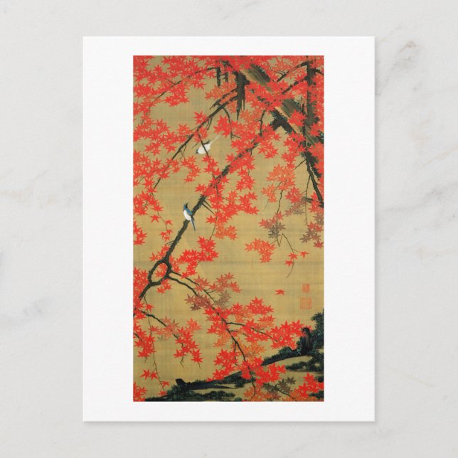 30. 紅 葉 小 図, 若 冲 Maple & Small Birds, Jakuchū Postkarte (Vorderseite)