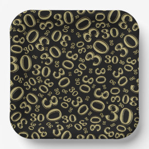 30. Age Random Number Pattern Gold/Schwarz Pappteller