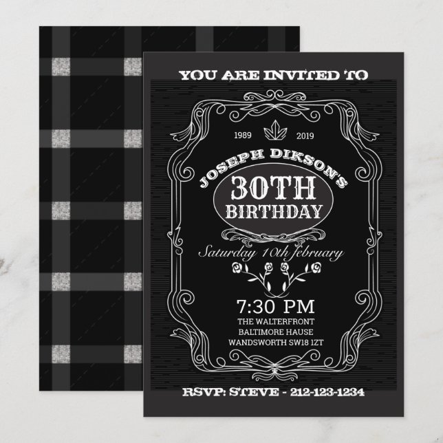 30. BIRTHDAY INVITATION, Black & Gray Whisky Labra Einladung (Vorne/Hinten)