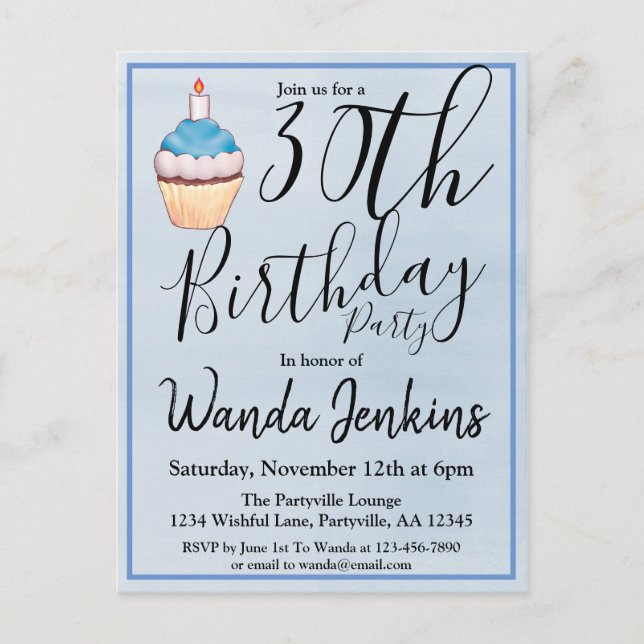 30. Blue Watercolor Cupcake Birthday Einladungspostkarte (Vorderseite)