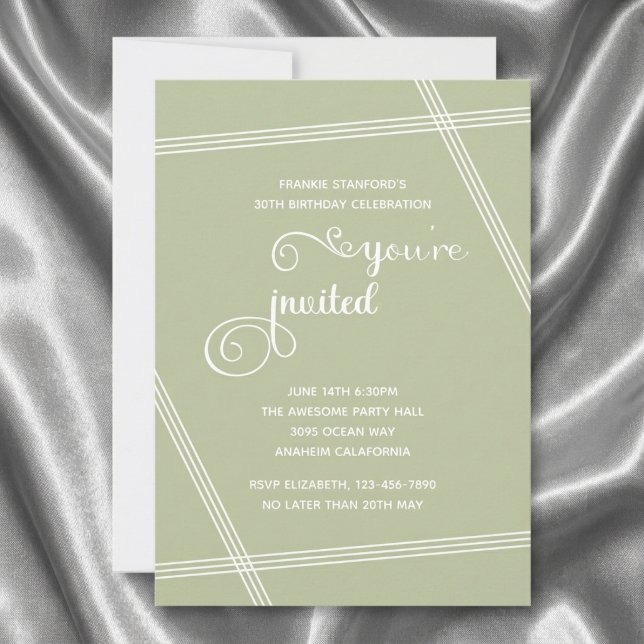 30. einfache moderne elegante Geburtstagseinladung (Sage Green 30th birthday invitation. Grey silk background.)