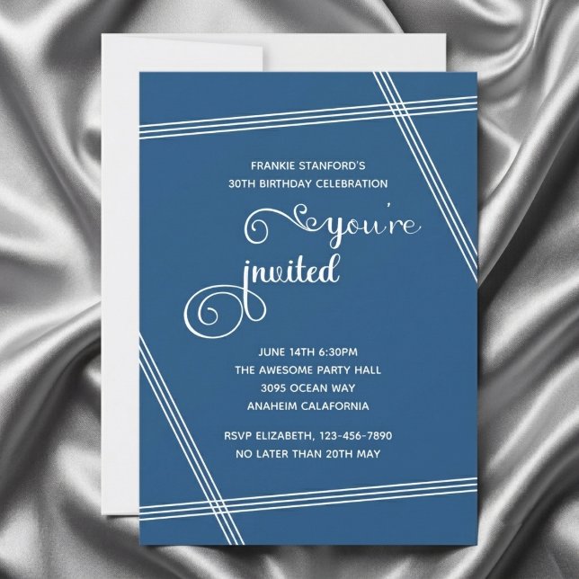30. einfache moderne elegante Geburtstagseinladung (Blue 30th birthday invitation. Grey silk background.)