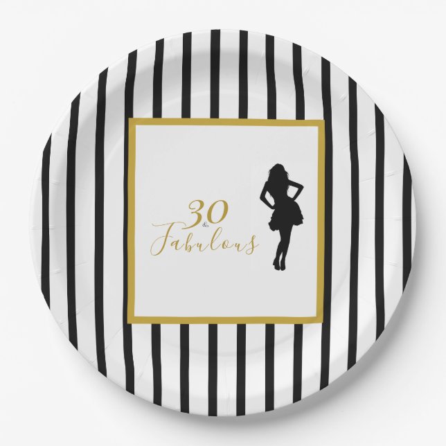 30 & Fabulous Schwarz-Goldene Geburtstagsfeier Pappteller (Vorderseite)