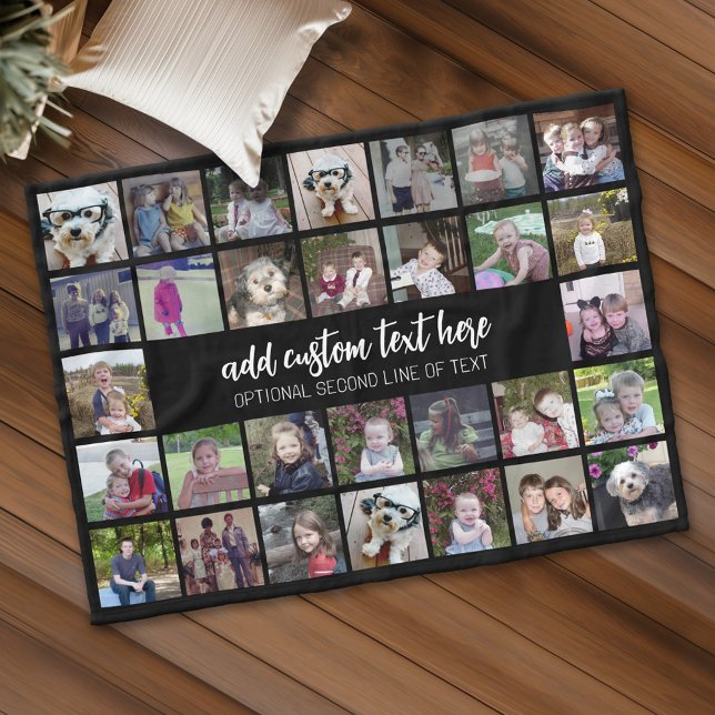 30 Foto Collage Grid - 2 Textfelder - Schwarz-weiß Fleecedecke (Personalized fleece blanket with 30 photos and custom text)
