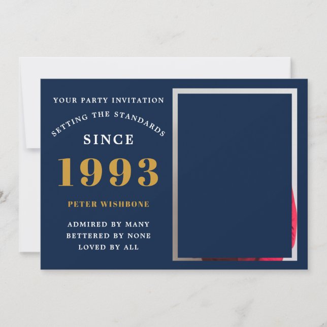 30. Geburtstag 1993 Name Foto Blue Gold Einladung (Vorderseite)