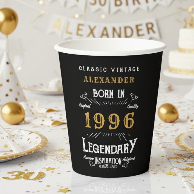 30. Geburtstag 1996 Legendär Retro Pappbecher (1996 birthday black paper cup on a white and gold background)