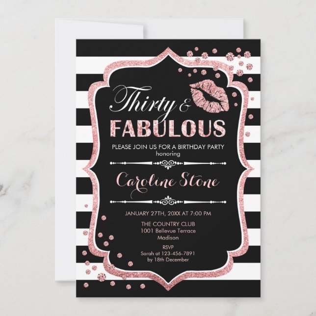 30. Geburtstag - 30 fabelhafte Schwarze Rose Gold Einladung (Vorderseite)